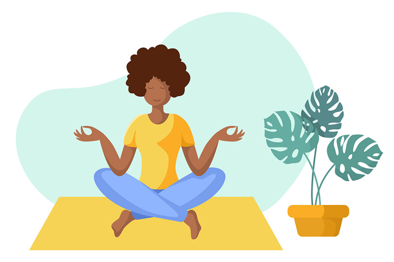 Ilustração de mulher sentada em posição de meditação sobre tapete de ioga