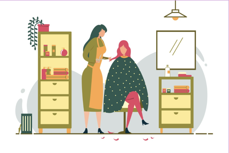 Ilustração de cabelereira cortando cabelo de mulher