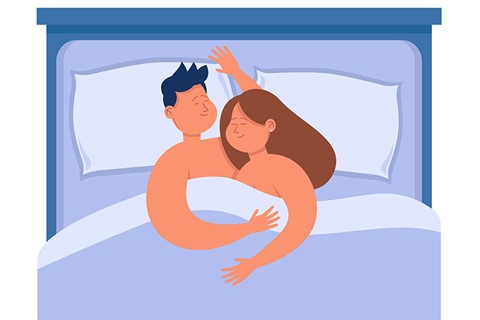 desenho de um homem e uma mulher deitados na cama abraçados